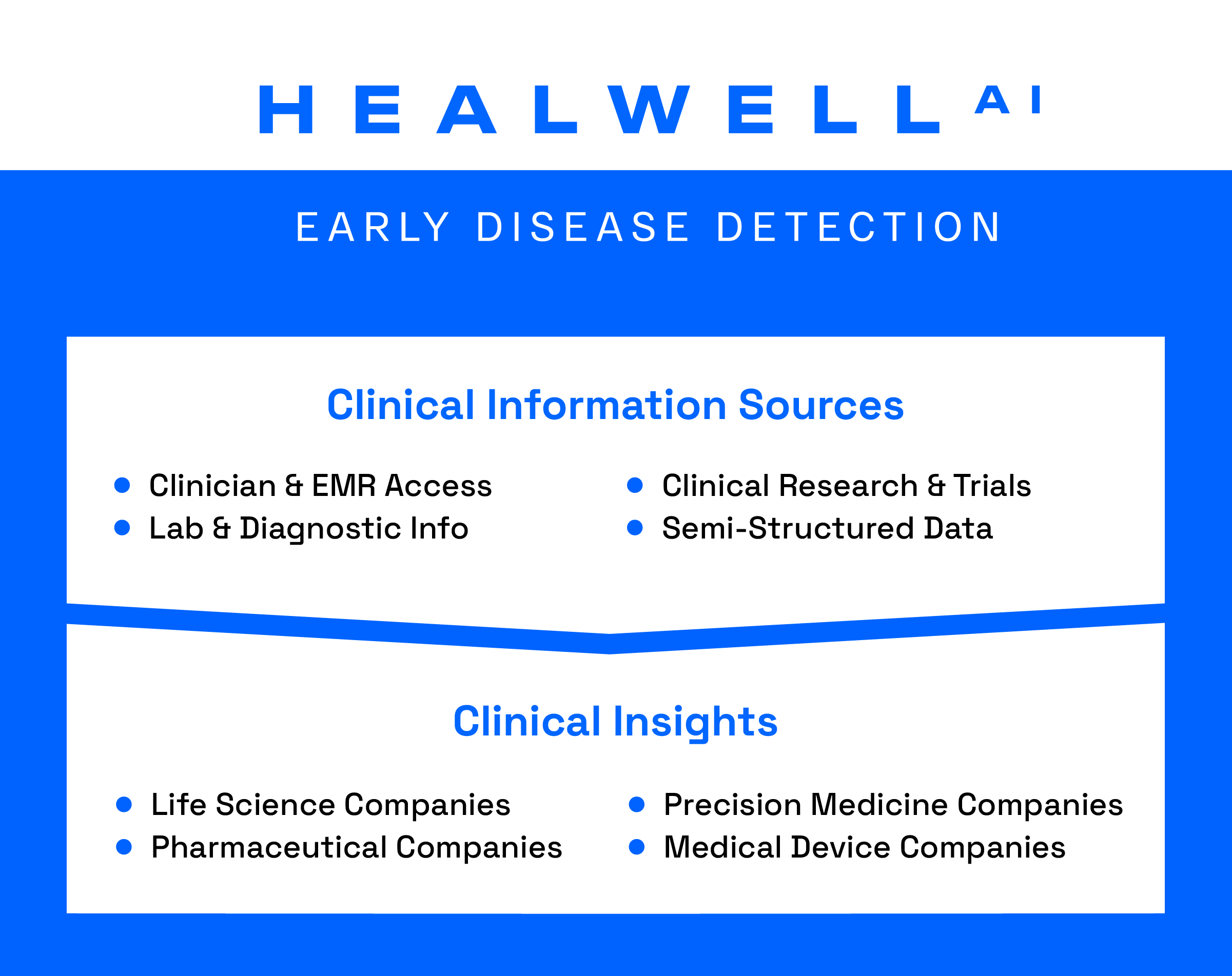Clinical Information Sources include: Clinician & EMR Access, Lab & Diagnostic Info, Clinical Research & Trials, Semi-Structured data. HEALWELL AI's Clinical Insights serve: Life Science companies, Pharmaceutical companies, Precision Medicine Companies, Medical Device Companies.